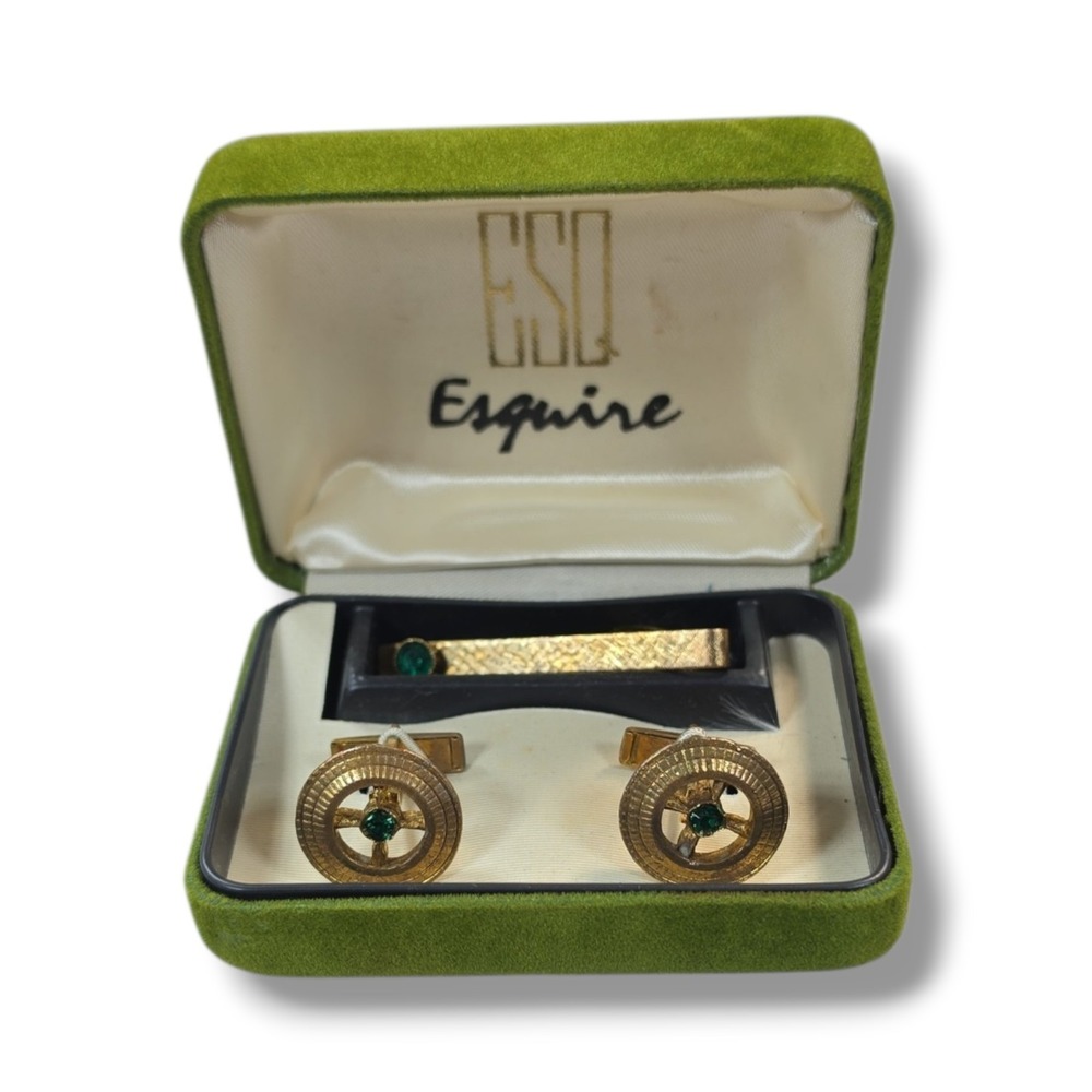 Vintage ESQ Esquire Gold Tone Green Stone  TIE‎ TACK & CUFF LINKS Original box